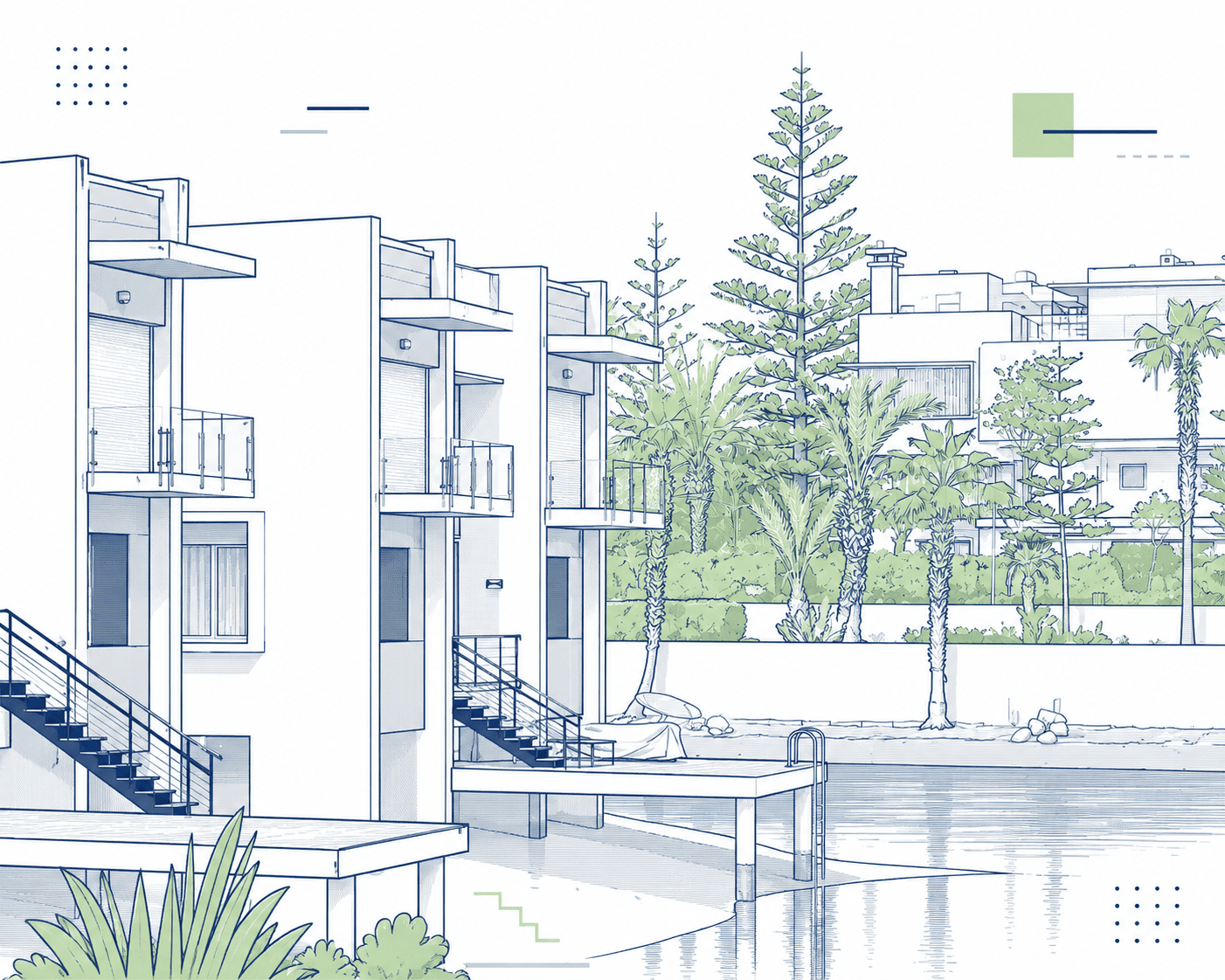 Illustration des villas sur pilotis d'Eden Beach — façade en bord de lagune